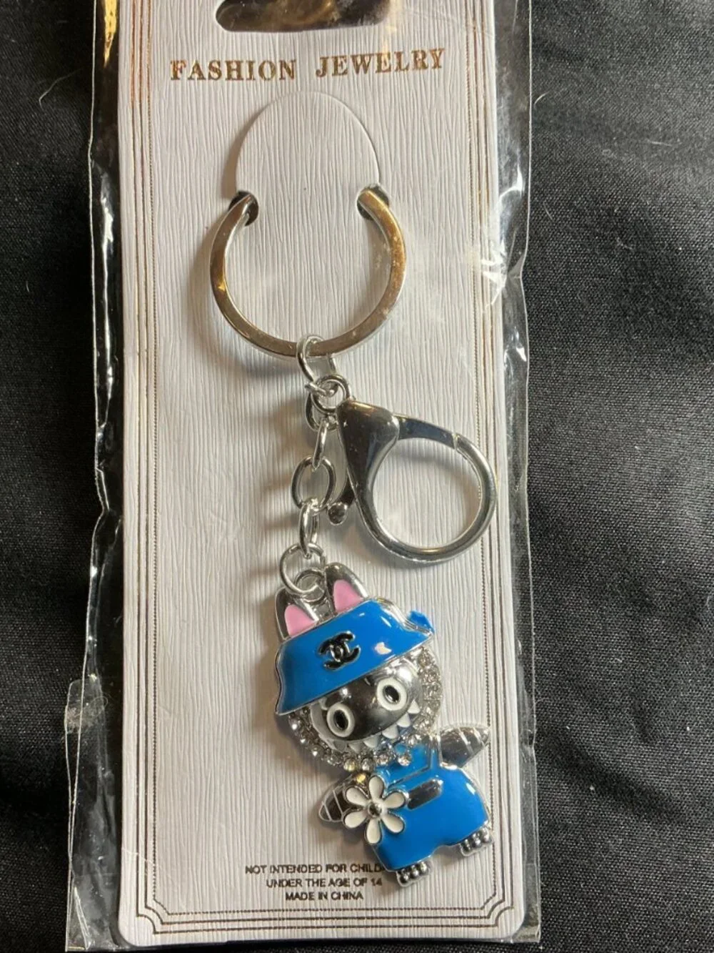 ★ Blue Rhinestone Cat Character Keychain Purse Bag Charm Silver Tone